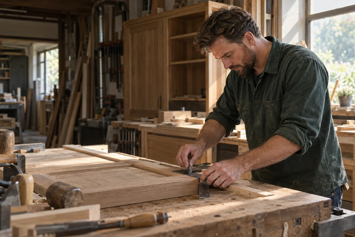 Vakman geconcentreerd aan het werk in een houtwerkplaats